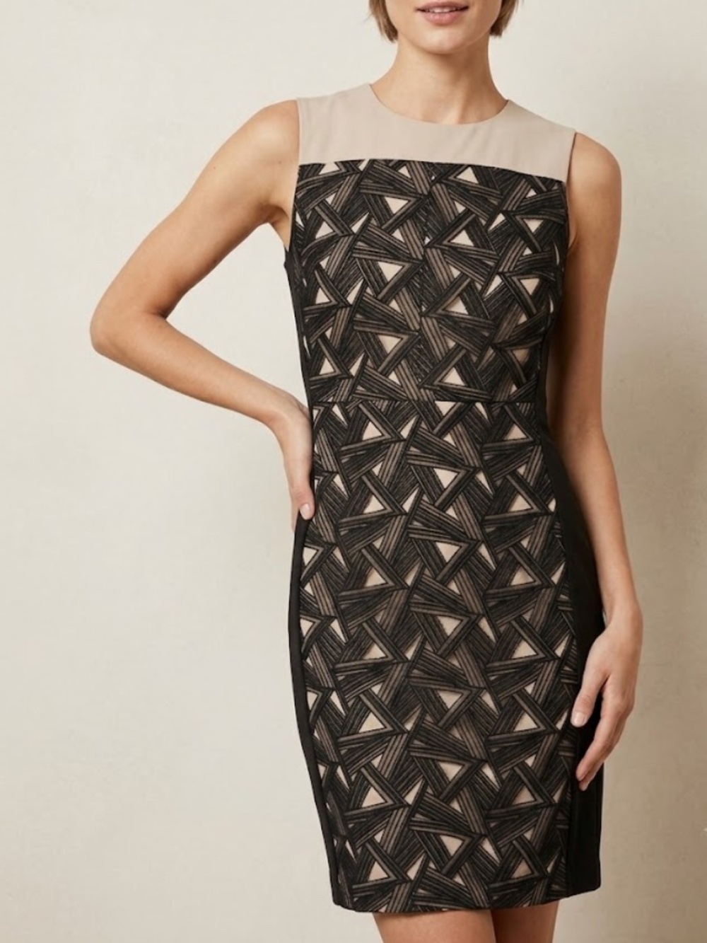 Diane von Furstenberg Black Nude Geometric Pattern Sheath Dress Size 4